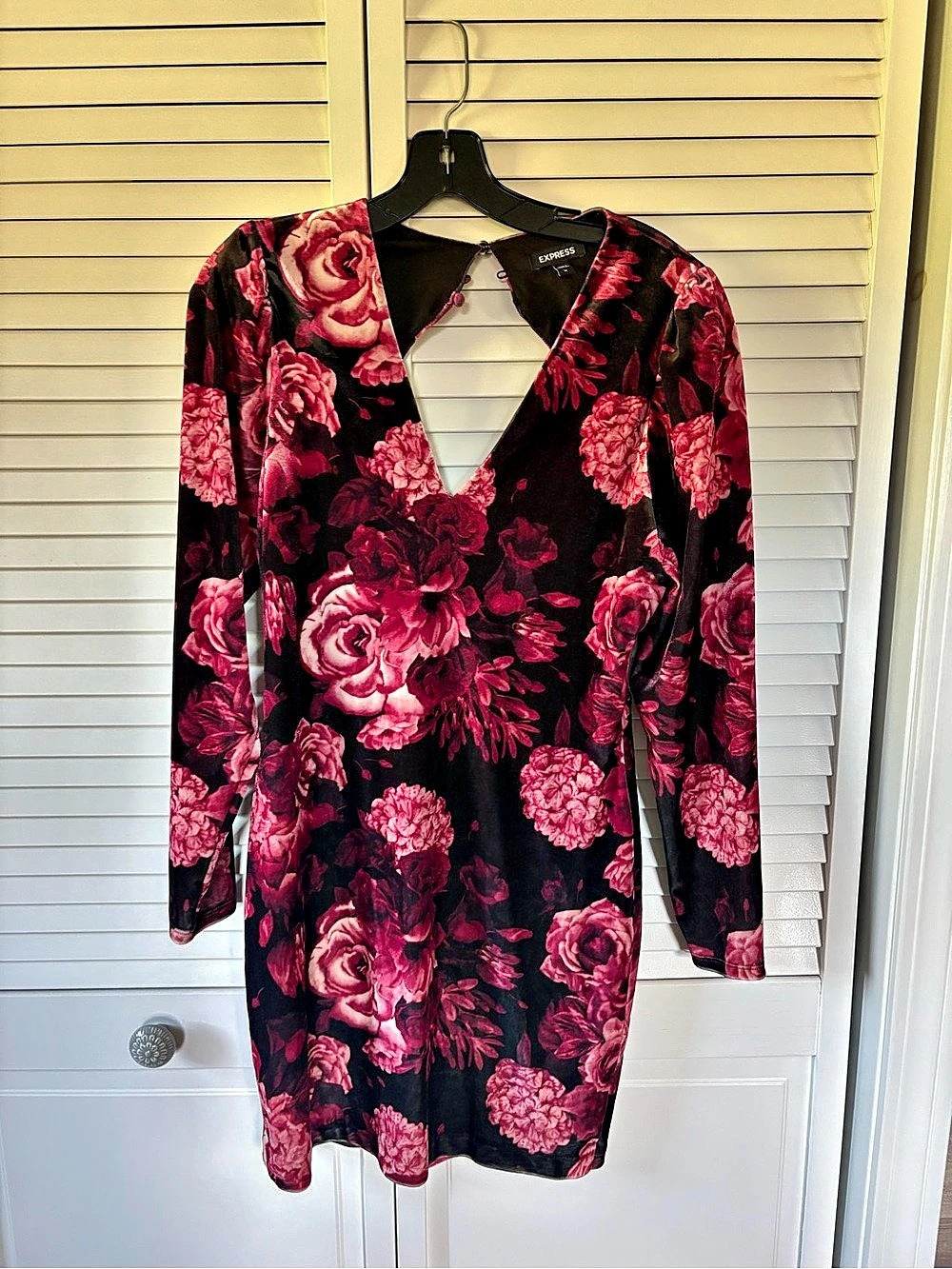 Express Velvet Floral Open Back Mini Dress Black & Pink Medium